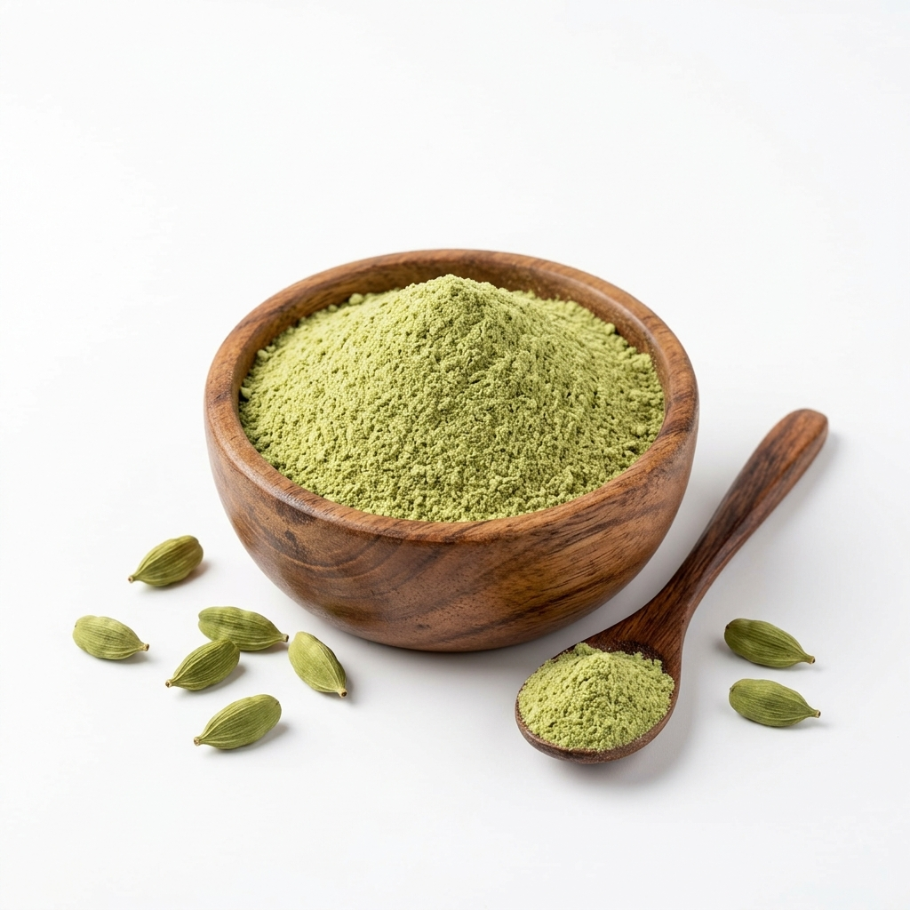 Fresh green cardamom powder in a wooden bowl with whole cardamom pods.